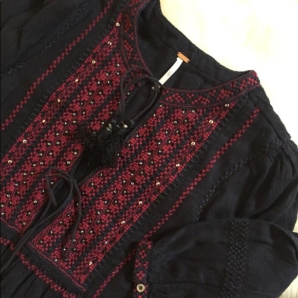 Free People Wild Life Embroidered Black Blouse - Picture 2 of 5